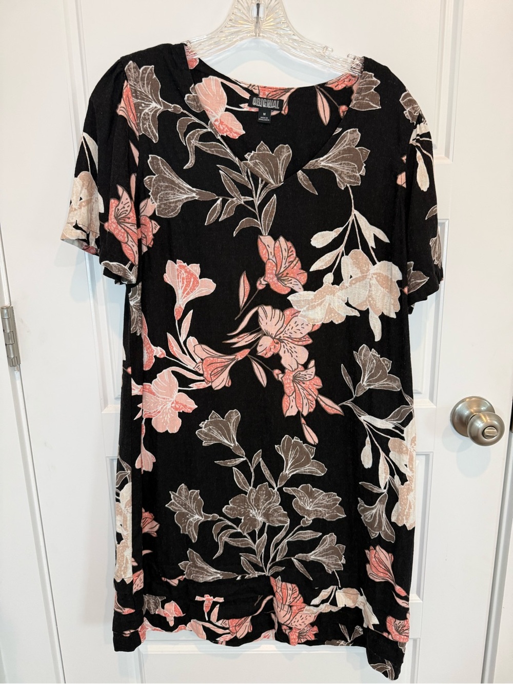Nicole Miller Original Dress Pink Black Linen Viscose Short Sleeve Floral Medium